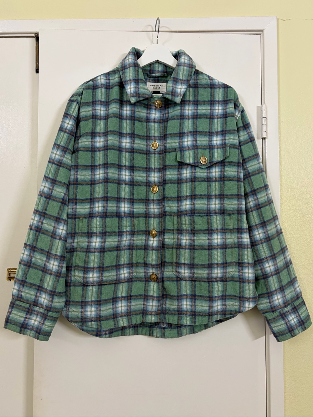 American Eagle Plaid Wool Blend Shacket Gold Button Shirt Jacket Green M Cottage
